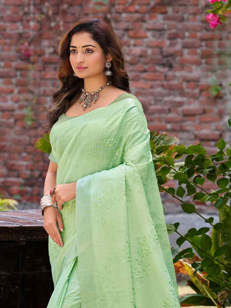 Green Linen Embroidery Handwoven Casual Festival Party Classic Style Sarees
