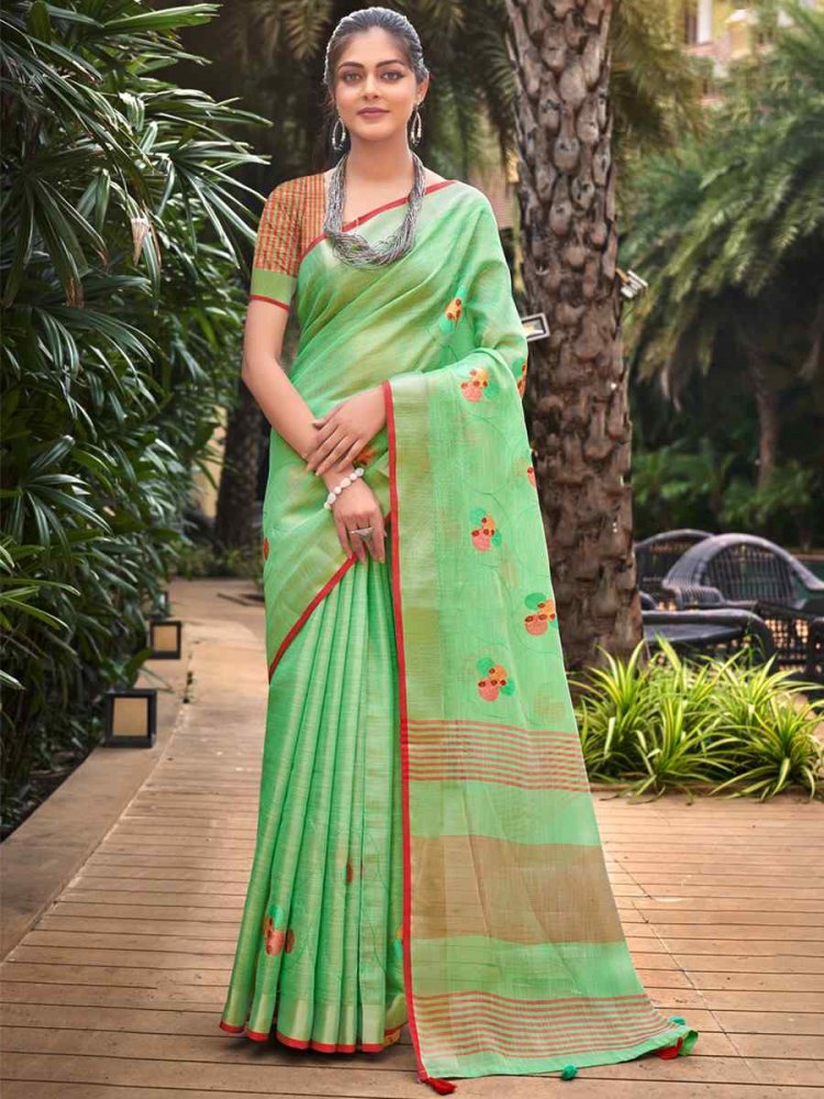 Green Linen Handwoven Casual Festival Classic Style Saree