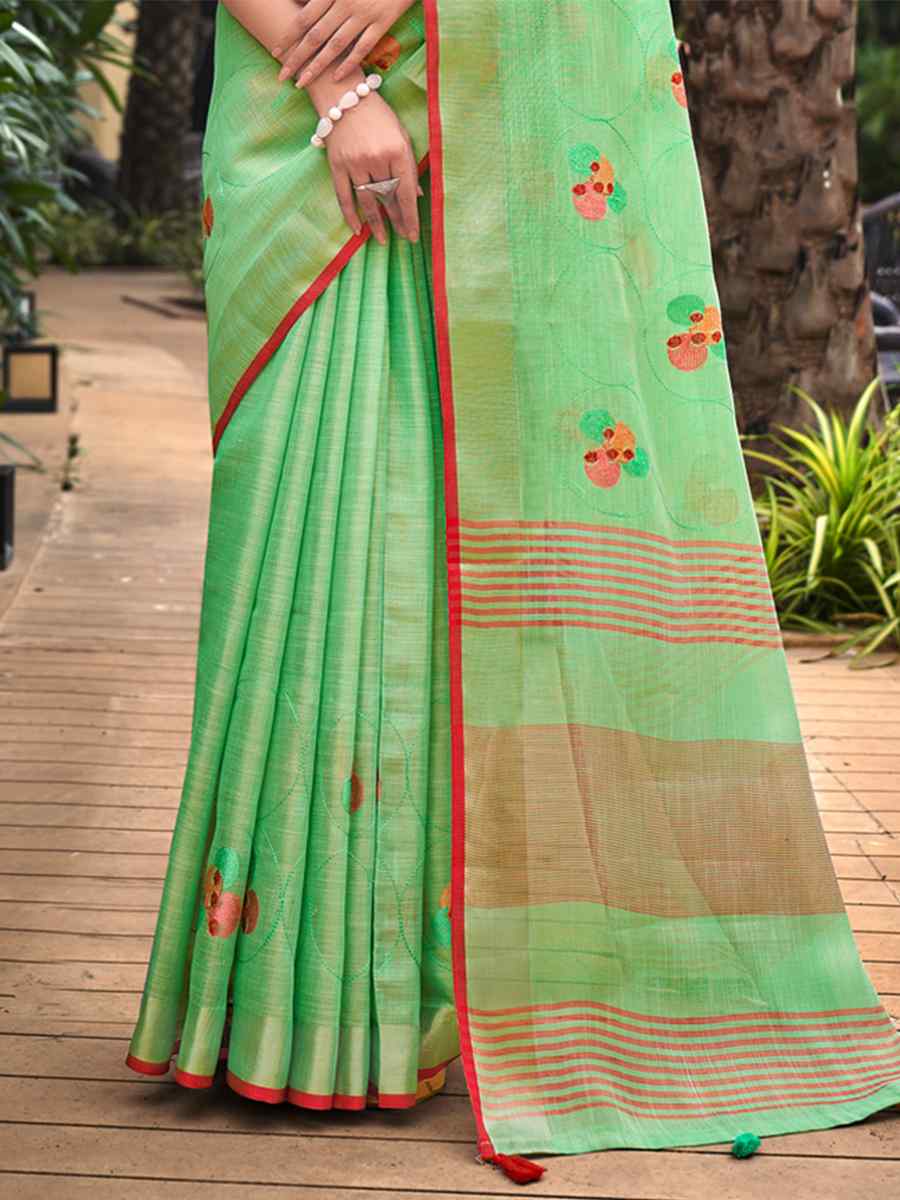 Green Linen Handwoven Casual Festival Classic Style Saree