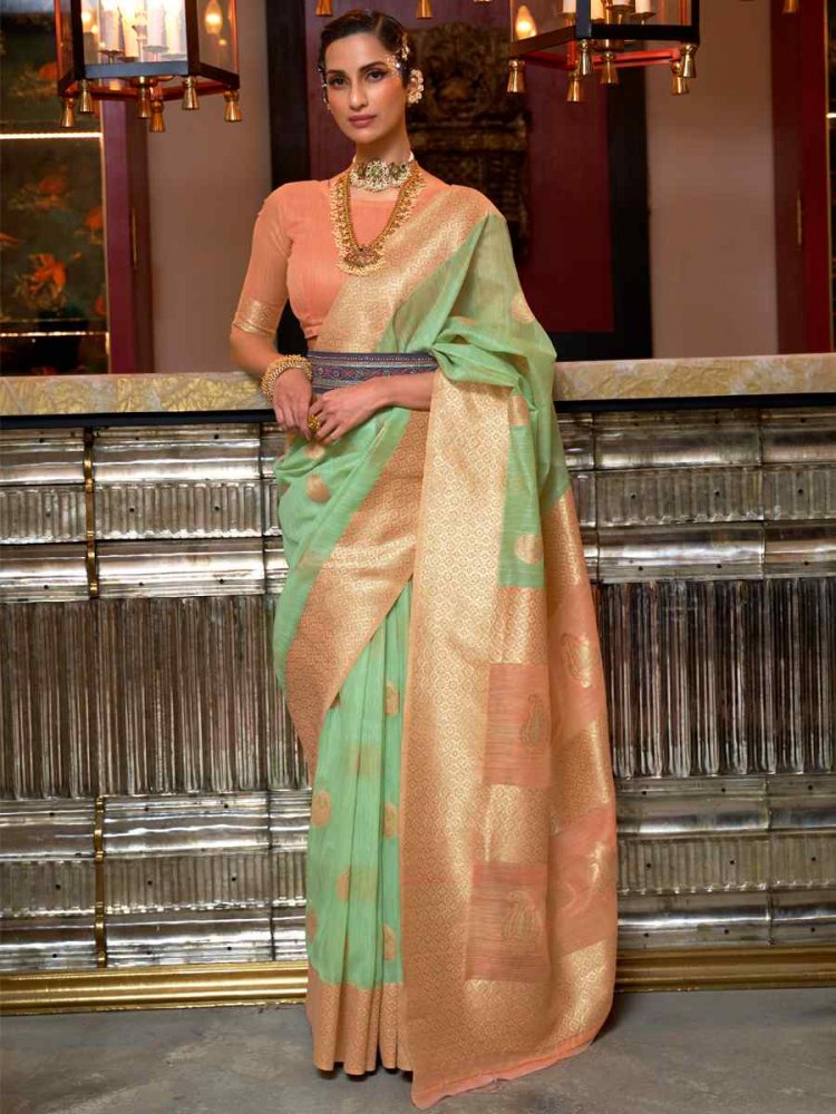 Green Linen Handwoven Party Festival Heavy Border Saree