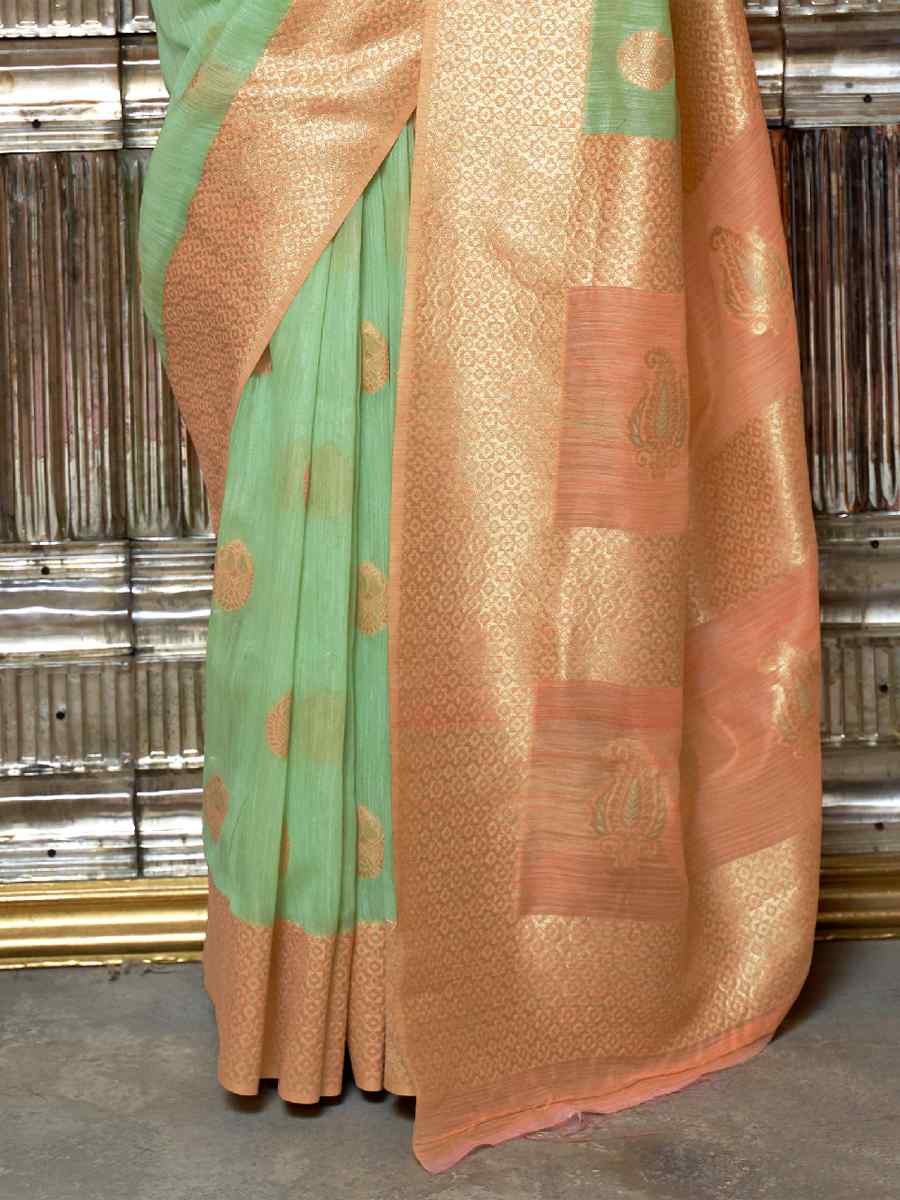 Green Linen Handwoven Party Festival Heavy Border Saree