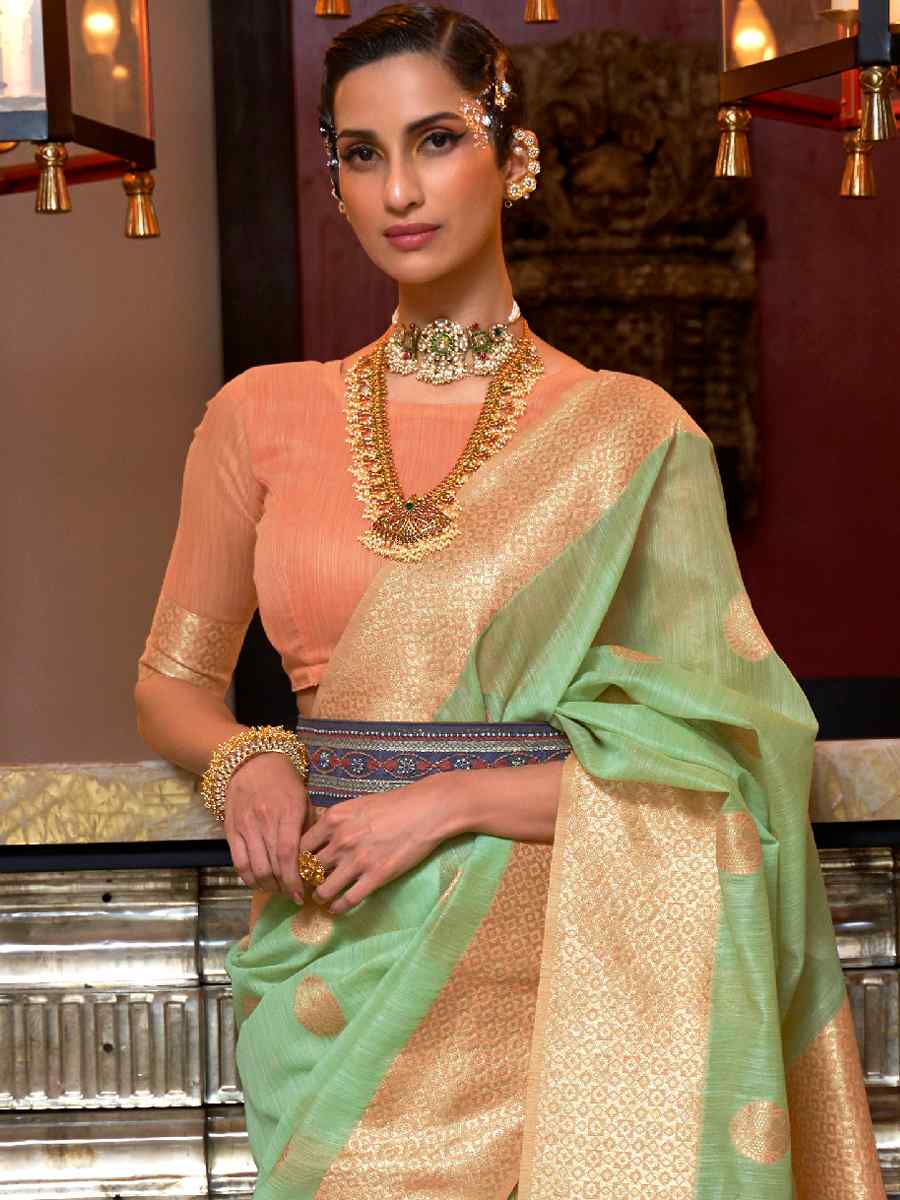Green Linen Handwoven Party Festival Heavy Border Saree