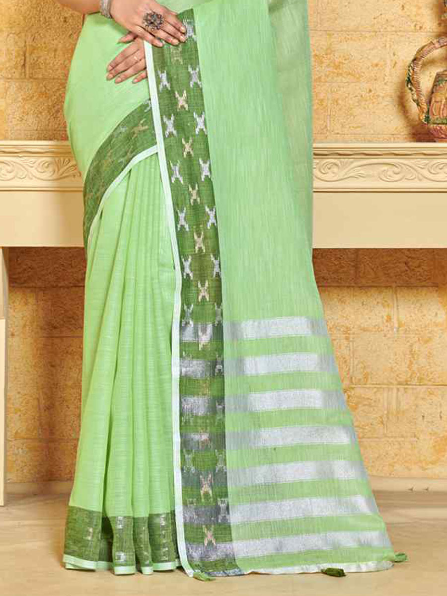 Green Linen Handwoven Wedding Festival Heavy Border Saree