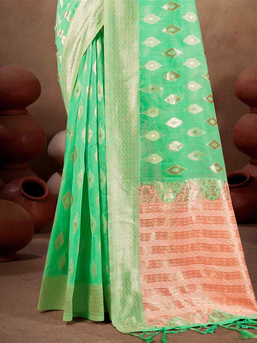 Green Linen Handwoven Wedding Festival Heavy Border Saree