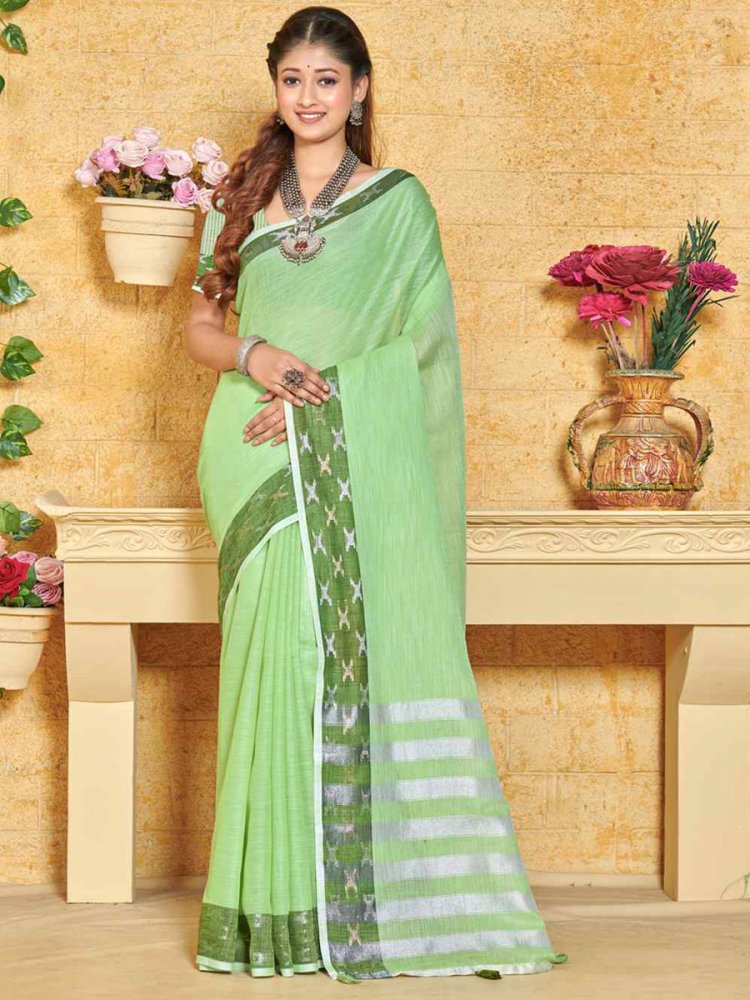 Green Linen Handwoven Wedding Festival Heavy Border Saree