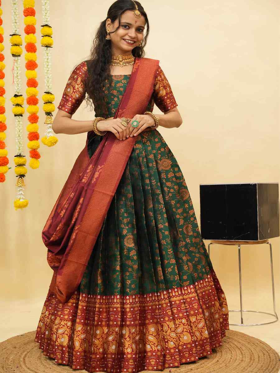 Green Litchi Silk Printed And Handwoven Party Reception Wedding Lehenga Choli