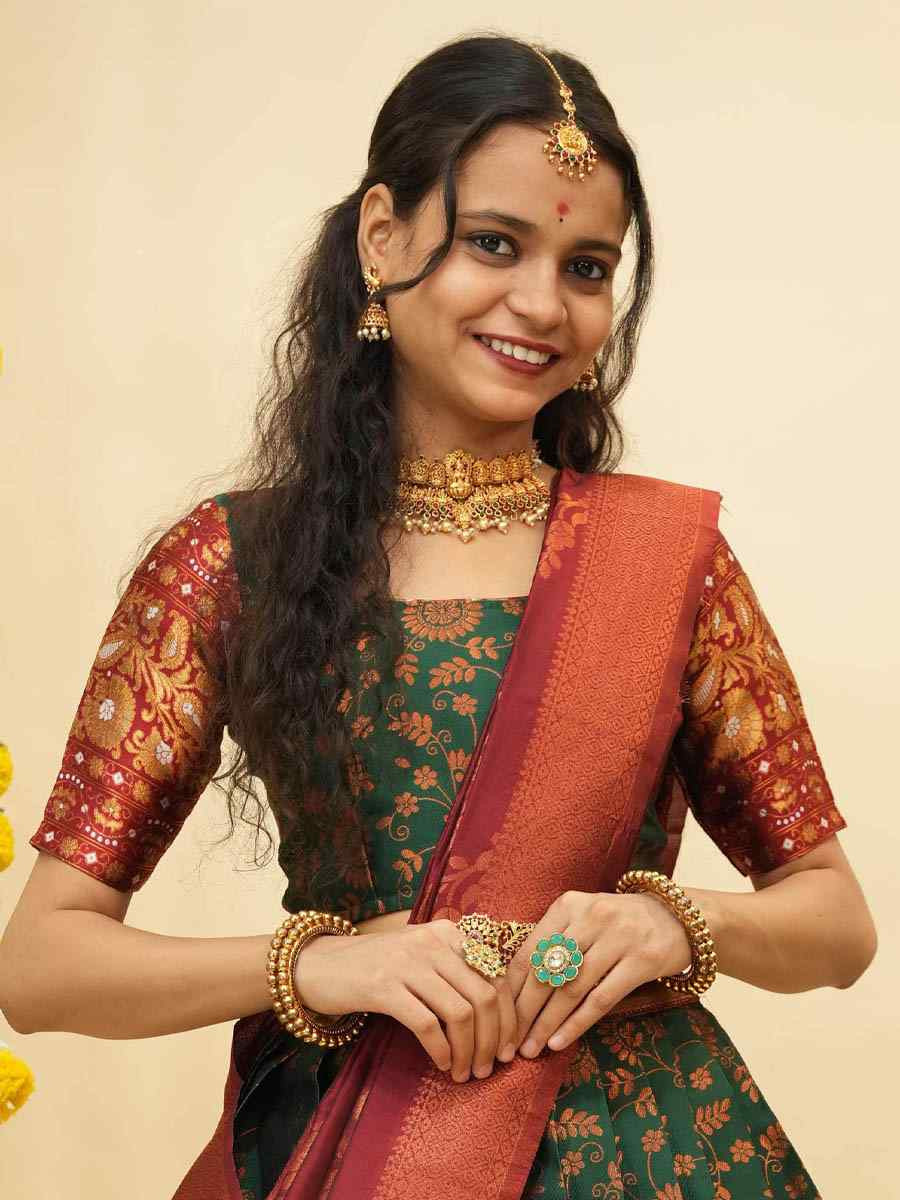 Green Litchi Silk Printed And Handwoven Party Reception Wedding Lehenga Choli