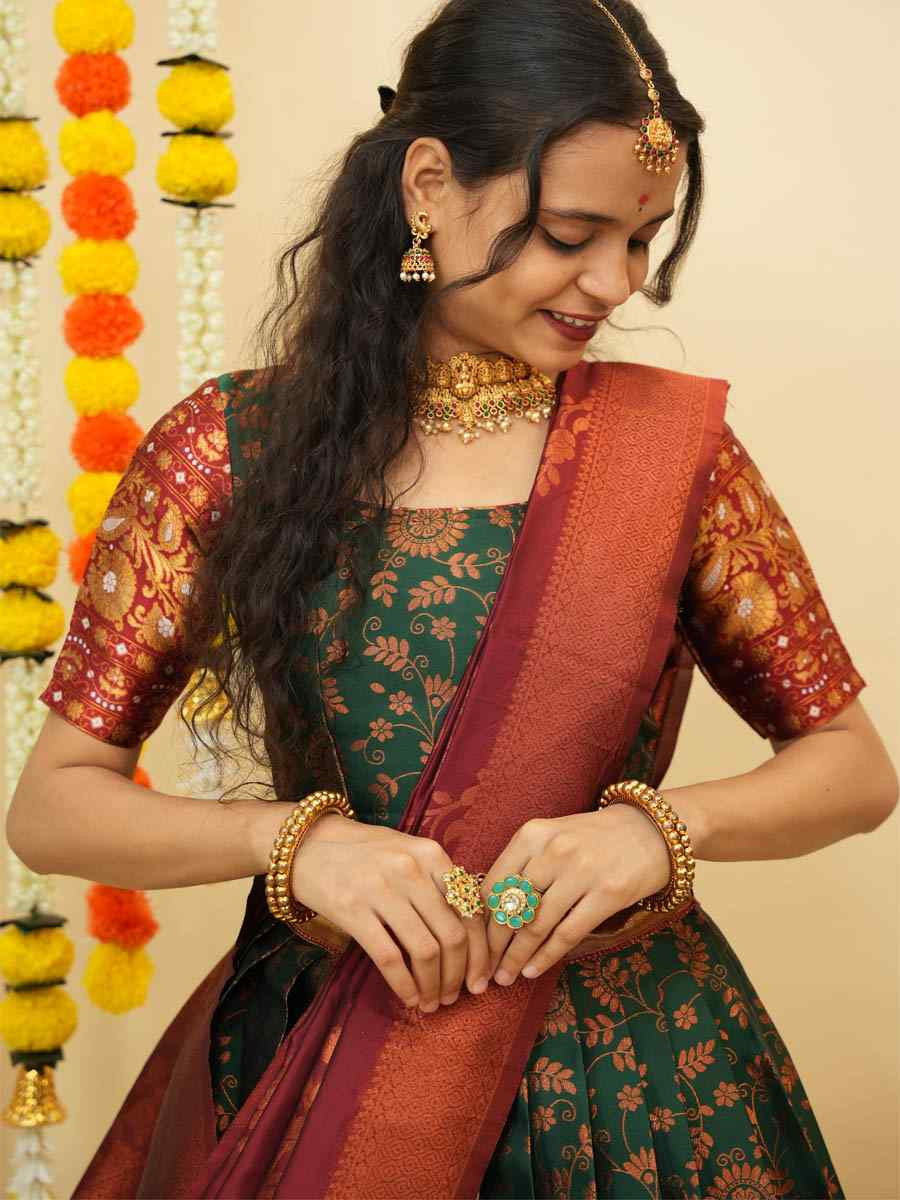 Green Litchi Silk Printed And Handwoven Party Reception Wedding Lehenga Choli