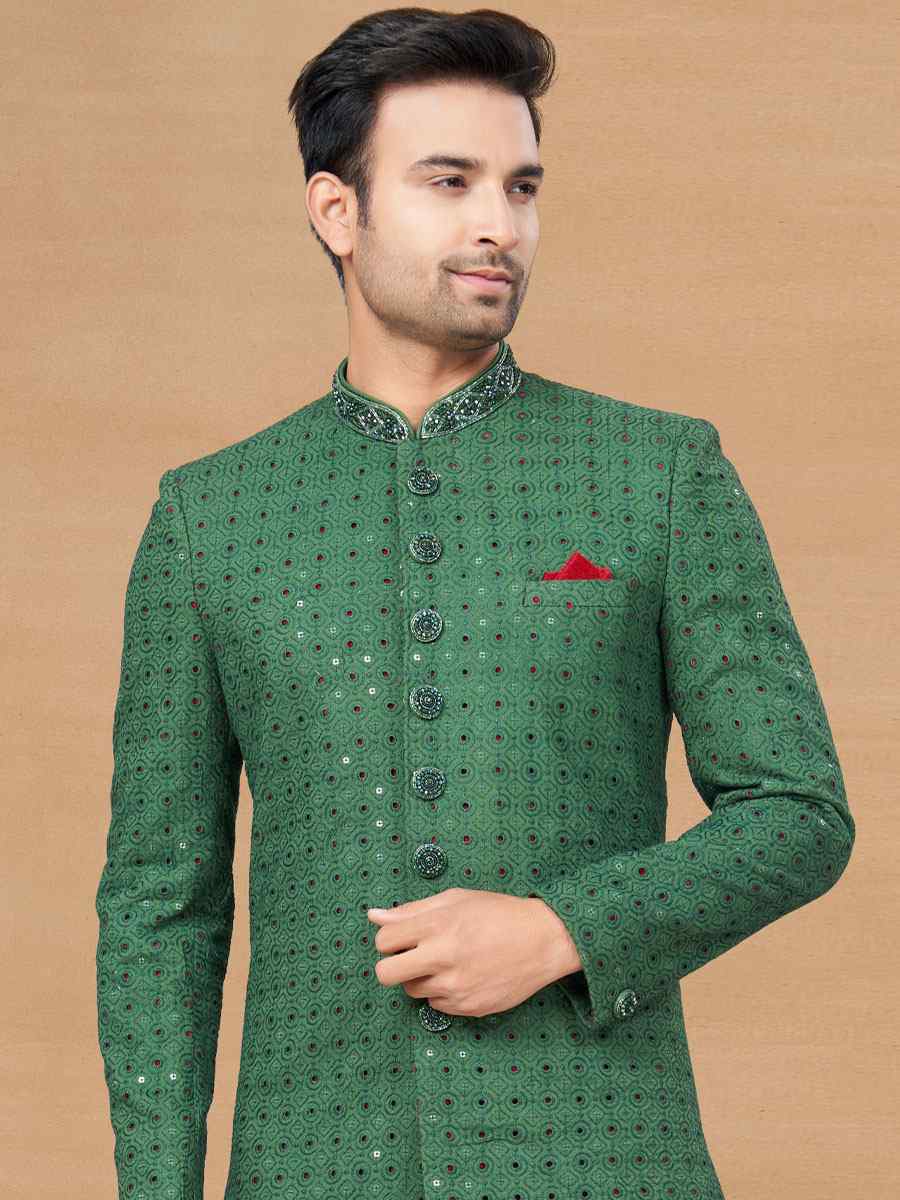 Green Lucknowie Woven Festival Wedding Sherwani