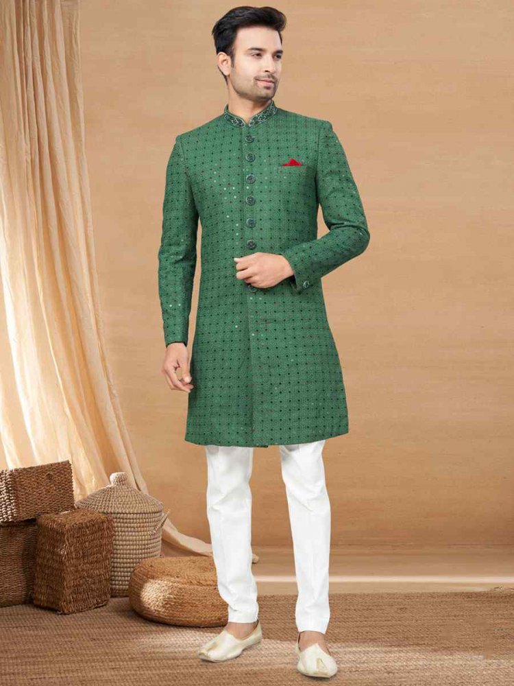 Green Lucknowie Woven Festival Wedding Sherwani