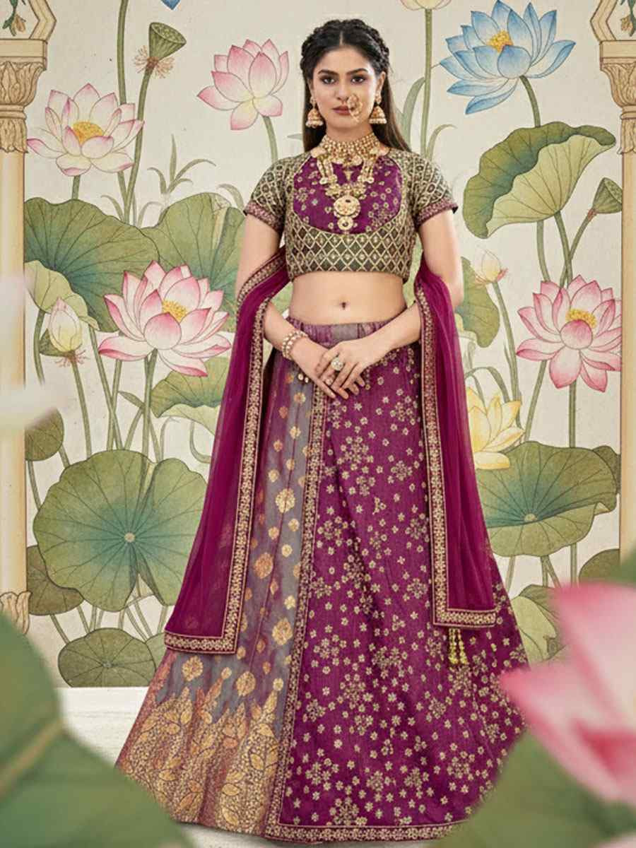 Green Magenta Dual tone Brocade Raw Silk Embroidered Wedding Reception Festival Heavy Border Lehenga Choli