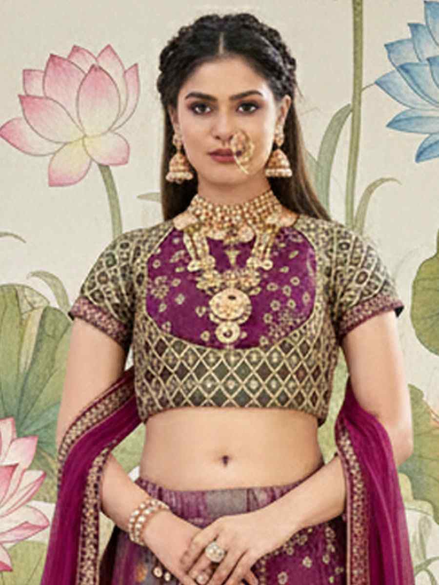 Green Magenta Dual tone Brocade Raw Silk Embroidered Wedding Reception Festival Heavy Border Lehenga Choli