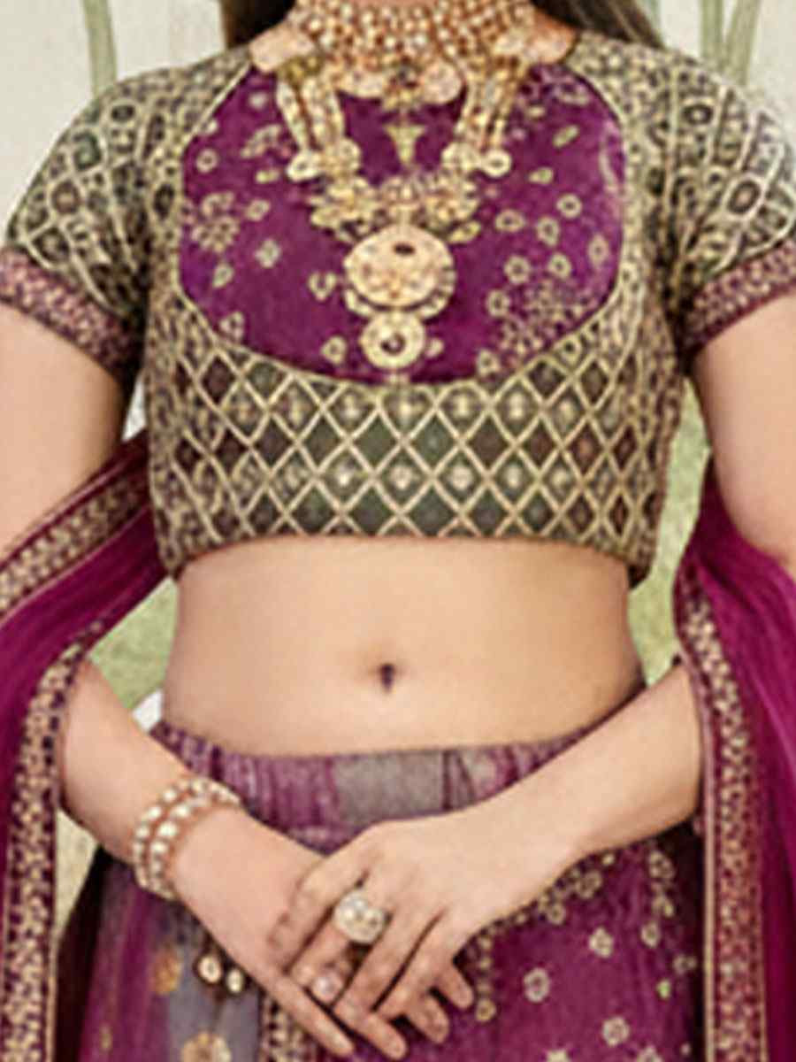 Green Magenta Dual tone Brocade Raw Silk Embroidered Wedding Reception Festival Heavy Border Lehenga Choli