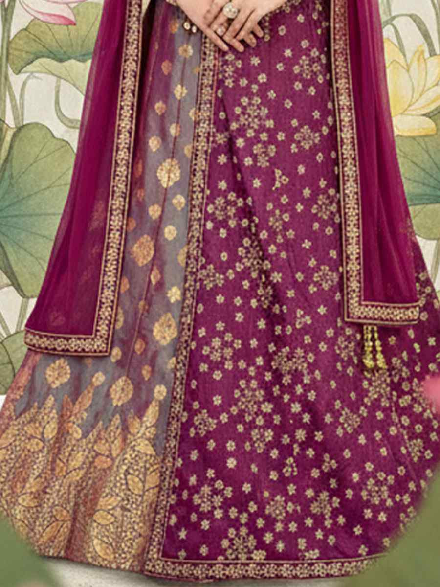 Green Magenta Dual tone Brocade Raw Silk Embroidered Wedding Reception Festival Heavy Border Lehenga Choli