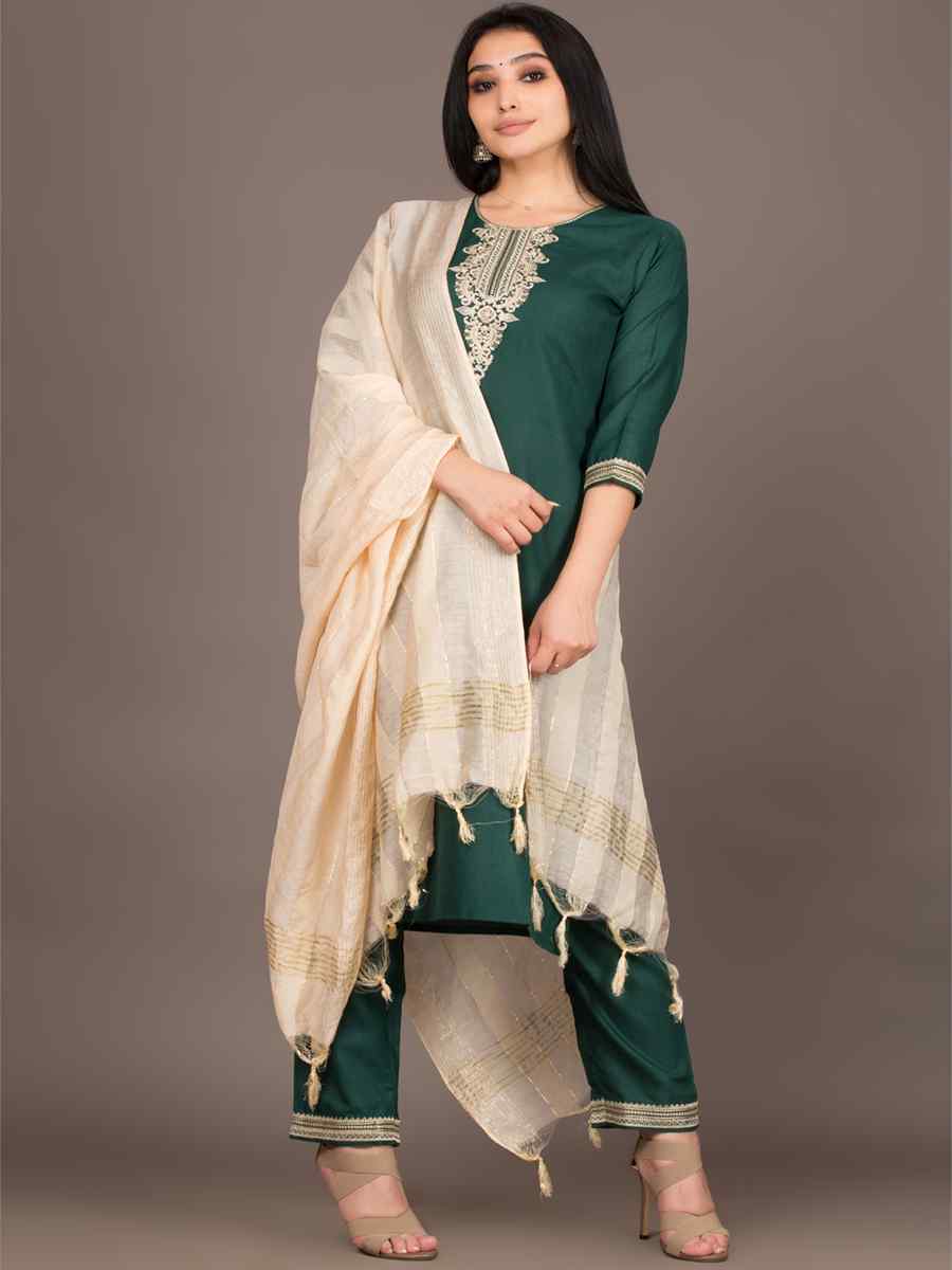 Green Magic Slub Embroidered Festival Casual Ready Pant Salwar Kameez