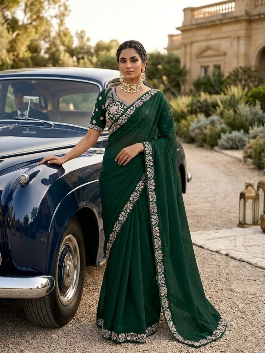 Green Malay Satin Silk Embroidery Sequins Stone Work Wedding Party Festival Casual Heavy Border Sarees