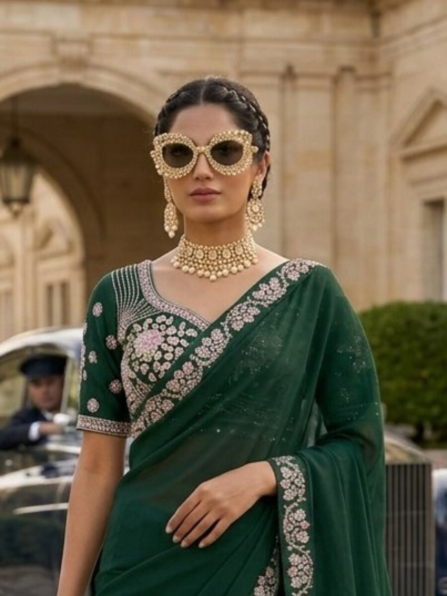 Green Malay Satin Silk Embroidery Sequins Stone Work Wedding Party Festival Casual Heavy Border Sarees
