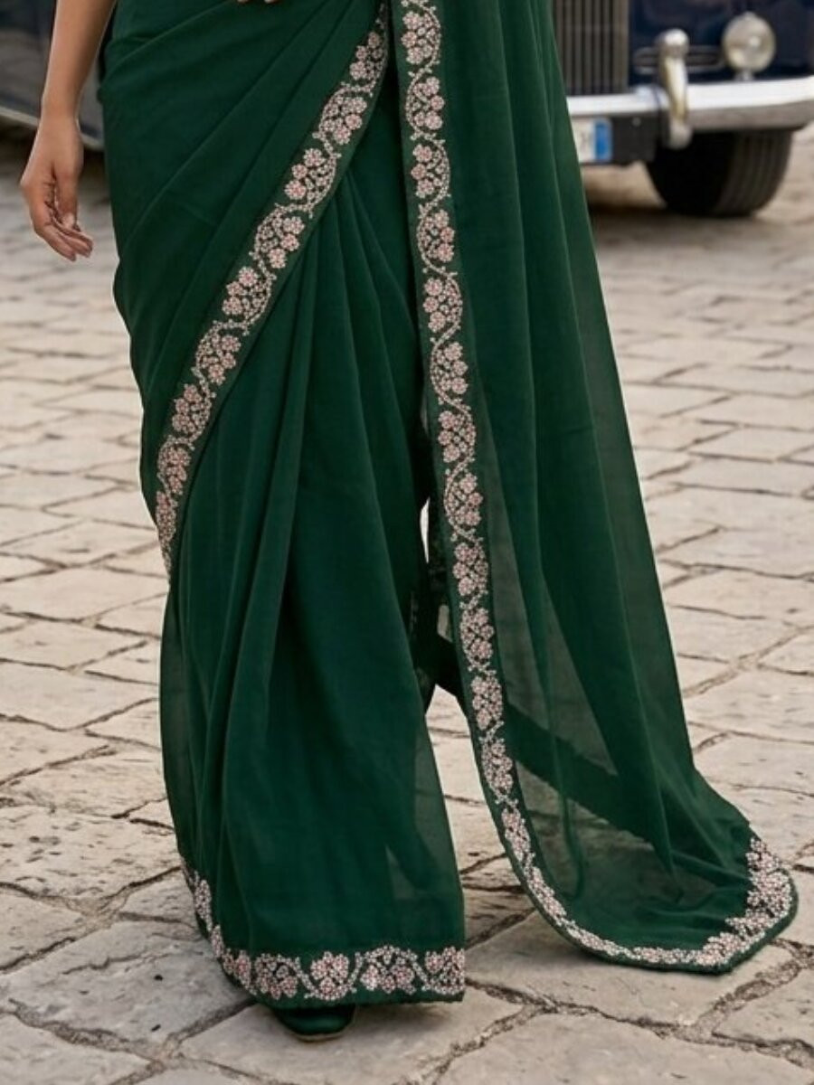 Green Malay Satin Silk Embroidery Sequins Stone Work Wedding Party Festival Casual Heavy Border Sarees