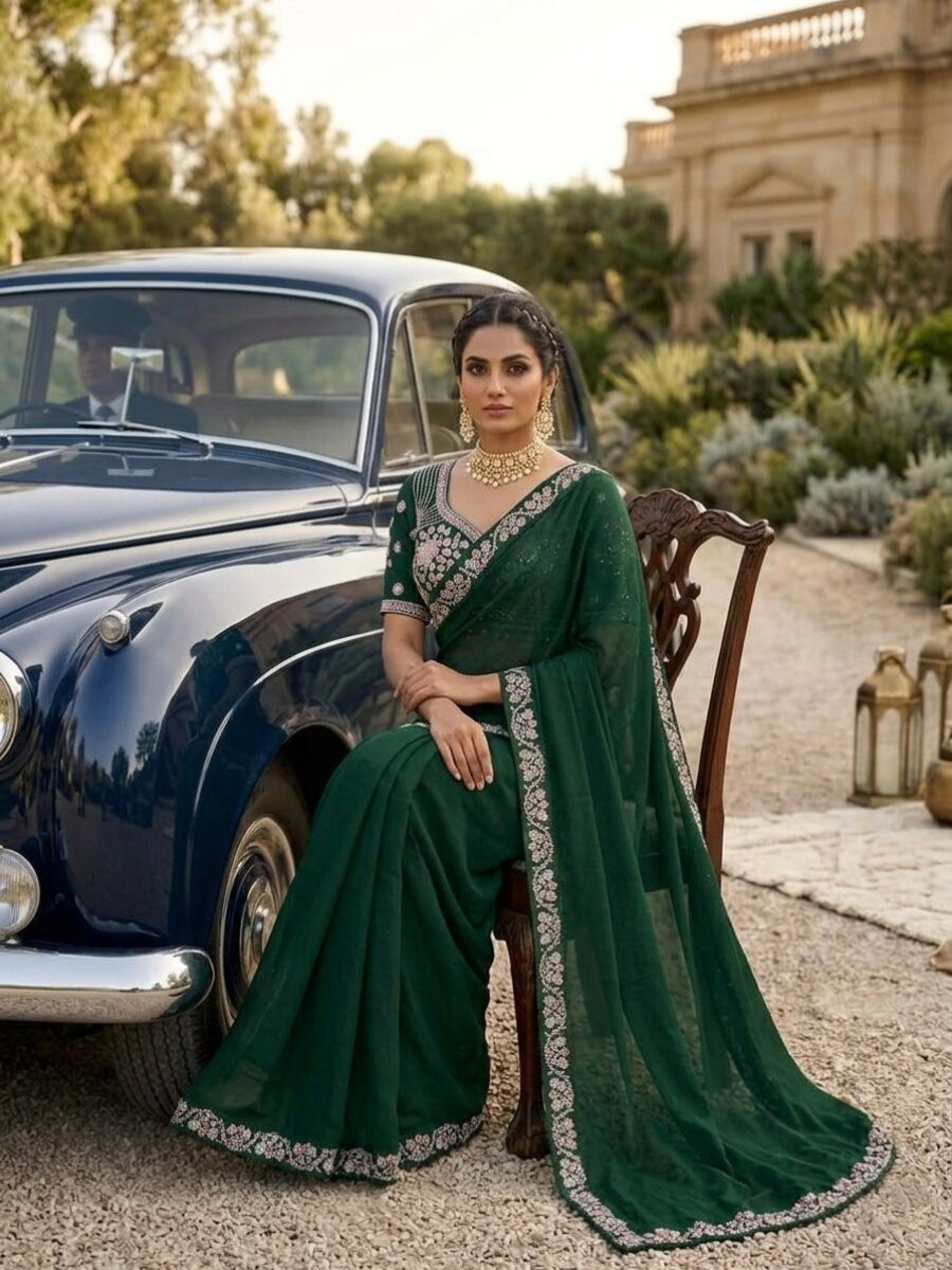 Green Malay Satin Silk Embroidery Sequins Stone Work Wedding Party Festival Casual Heavy Border Sarees