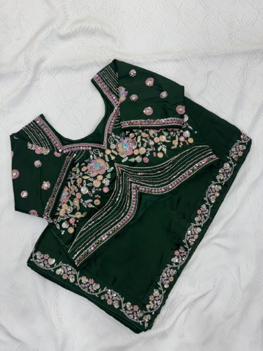 Green Malay Satin Silk Embroidery Sequins Stone Work Wedding Party Festival Casual Heavy Border Sarees