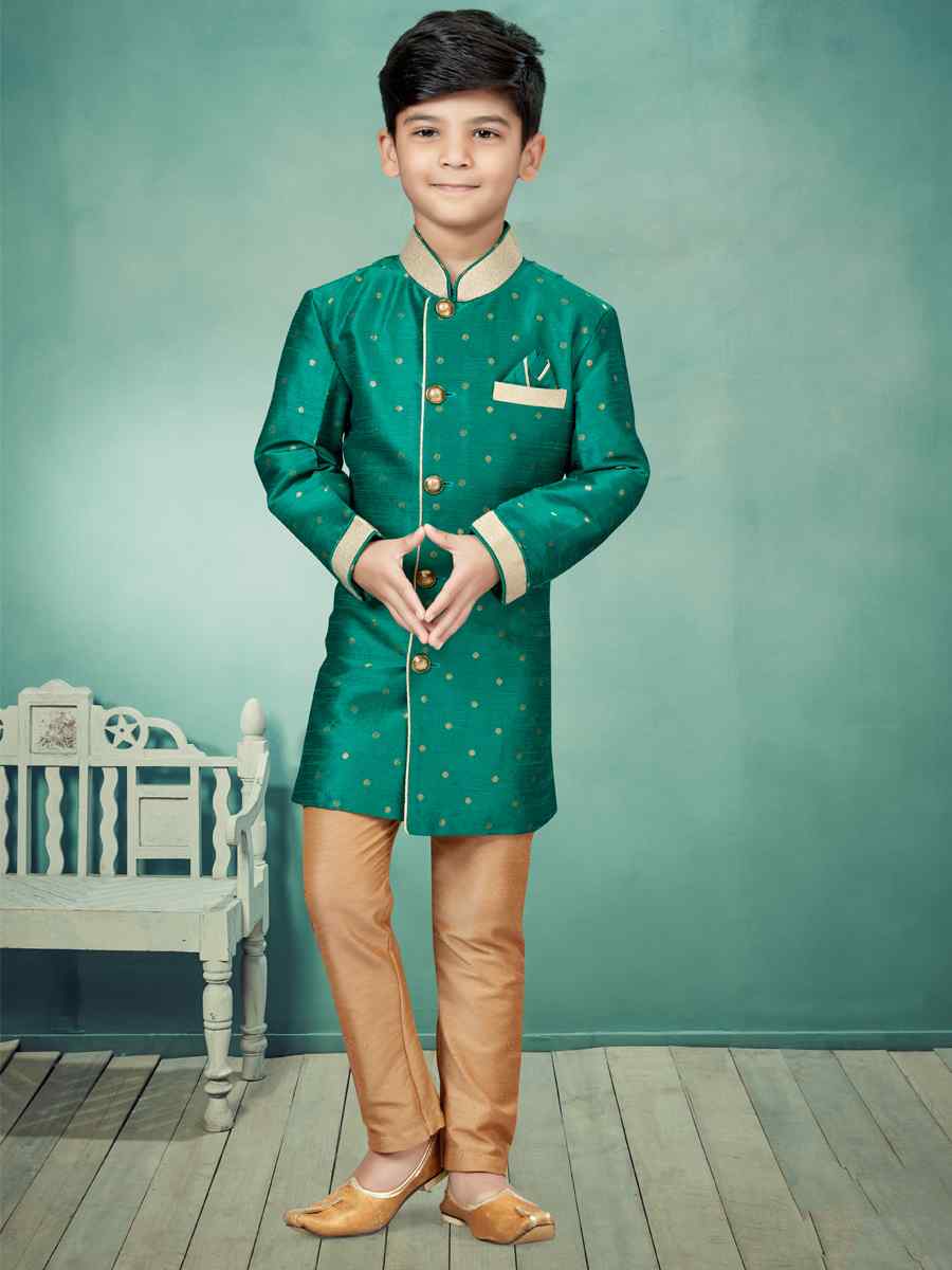 Green Malbari Booti Embroidered Party Festival Kurta Pyjama Boys Wear