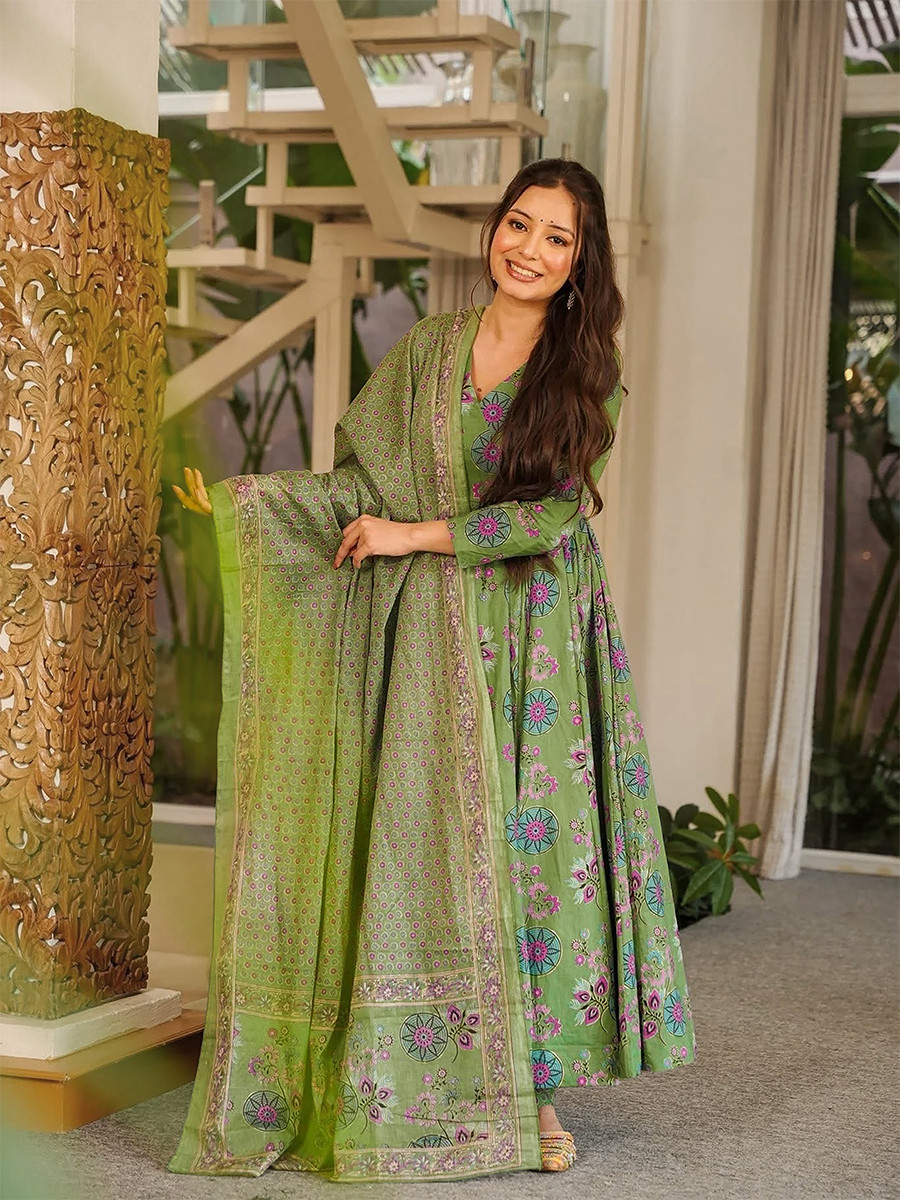 Green Maslin Digital Printed Wedding Party Festival Casual Ready Anarkali Palazzo Pant Salwar Kameez
