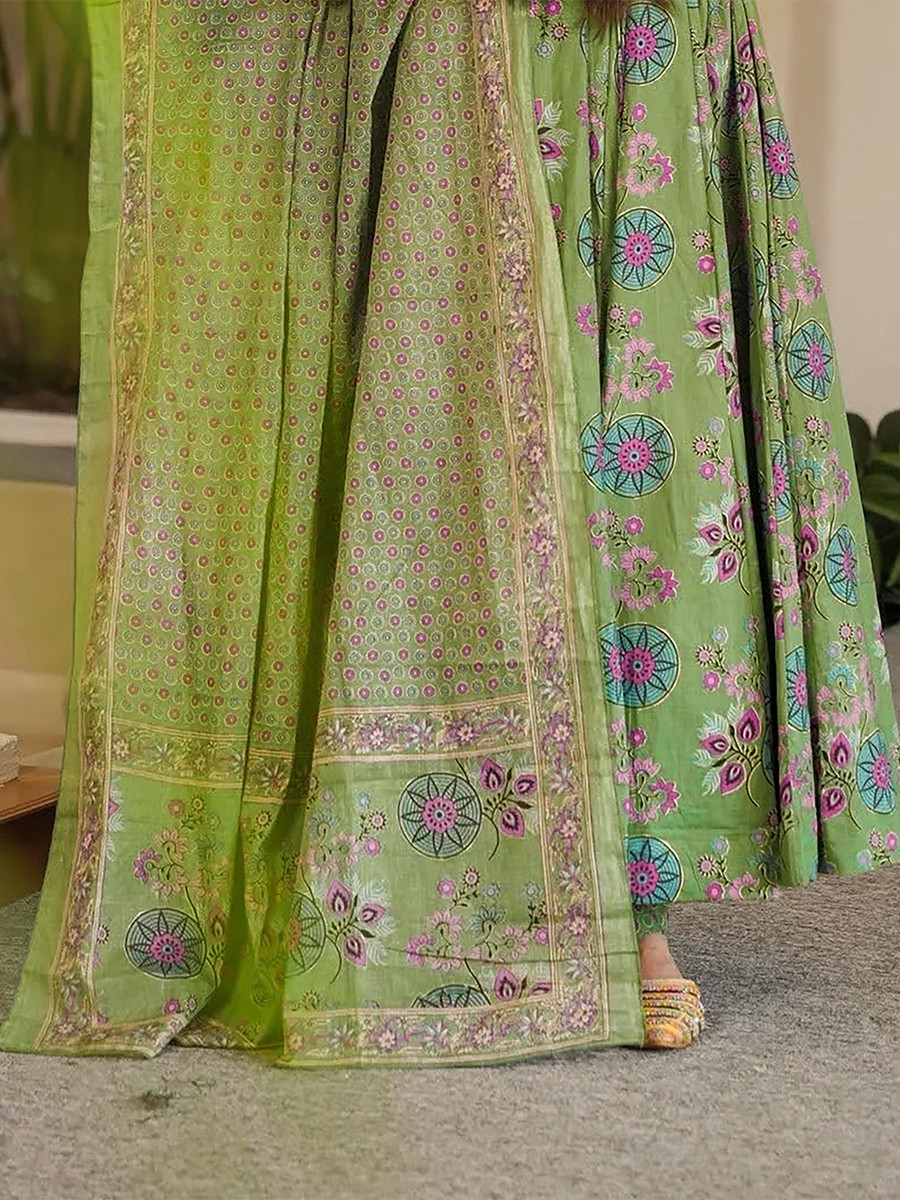 Green Maslin Digital Printed Wedding Party Festival Casual Ready Anarkali Palazzo Pant Salwar Kameez