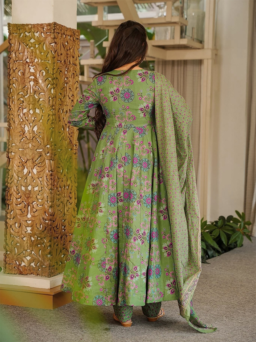 Green Maslin Digital Printed Wedding Party Festival Casual Ready Anarkali Palazzo Pant Salwar Kameez