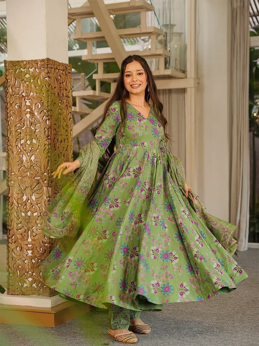 Green Maslin Digital Printed Wedding Party Festival Casual Ready Anarkali Palazzo Pant Salwar Kameez