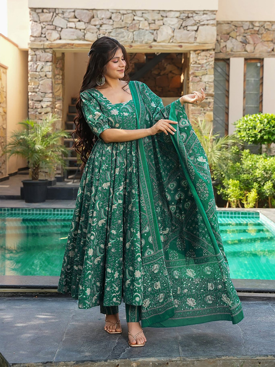 Green Maslin Printed Floral Wedding Party Festival Ready Anarkali Pant Salwar Kameez
