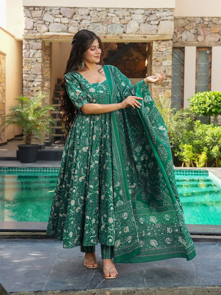 Image of Green Maslin Printed Floral Wedding Party Festival Ready Anarkali Pant Salwar Kameez