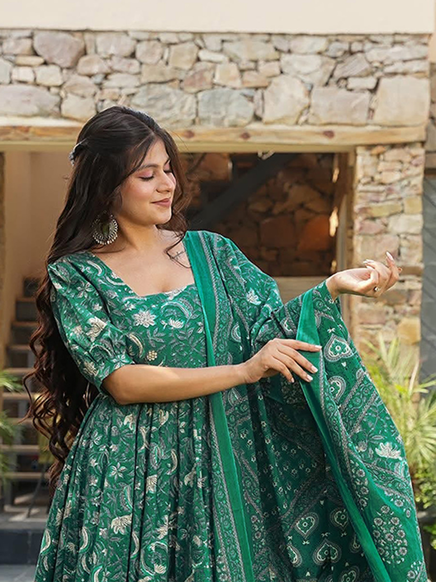 Green Maslin Printed Floral Wedding Party Festival Ready Anarkali Pant Salwar Kameez