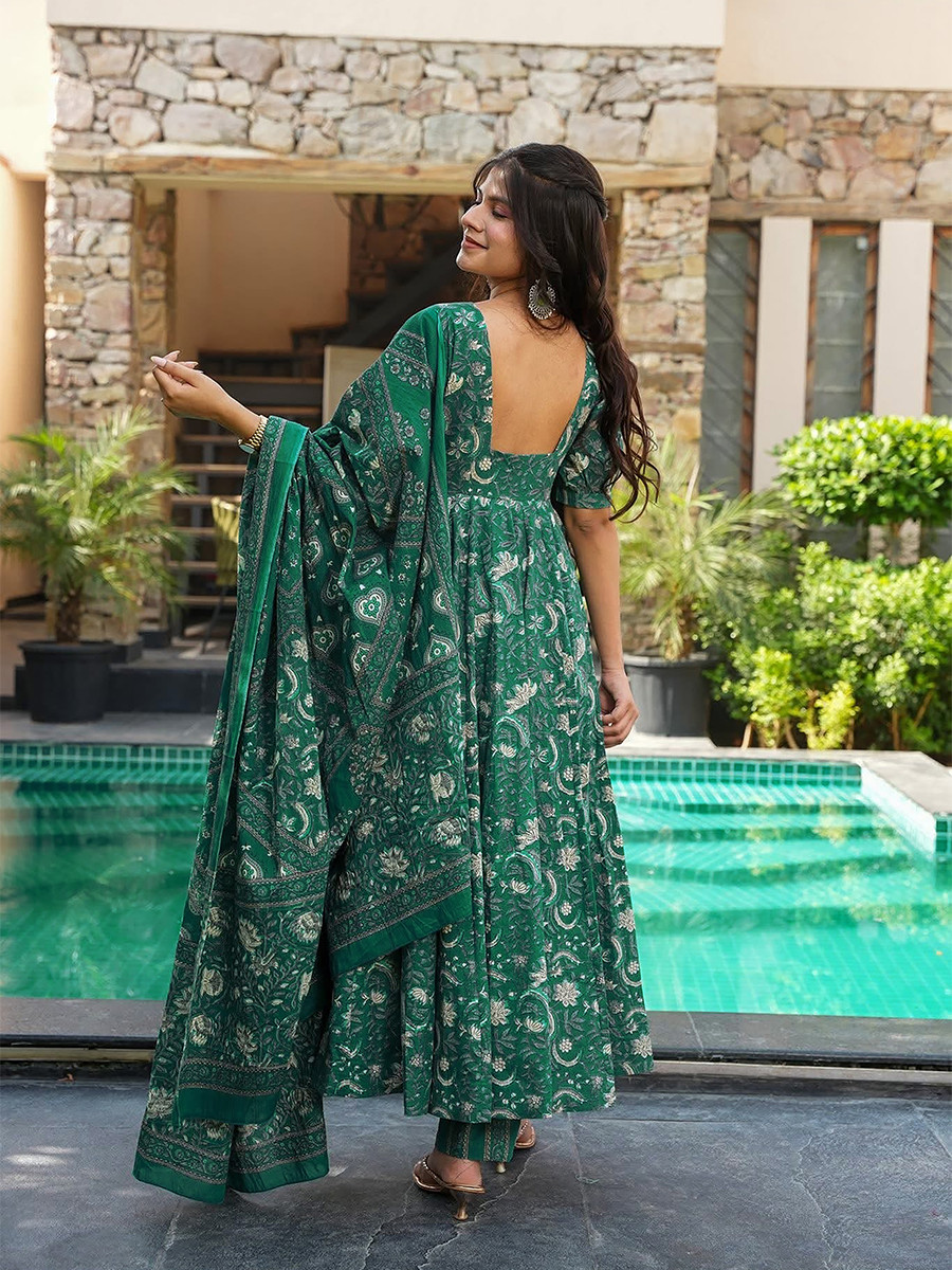 Green Maslin Printed Floral Wedding Party Festival Ready Anarkali Pant Salwar Kameez