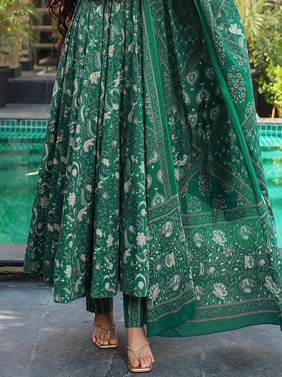 Green Maslin Printed Floral Wedding Party Festival Ready Anarkali Pant Salwar Kameez