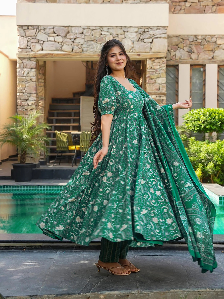 Green Maslin Printed Floral Wedding Party Festival Ready Anarkali Pant Salwar Kameez