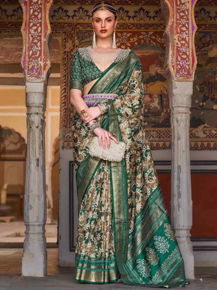 Green Mercetized Sigma Silk Printed Casual Festival Contemporary Saree