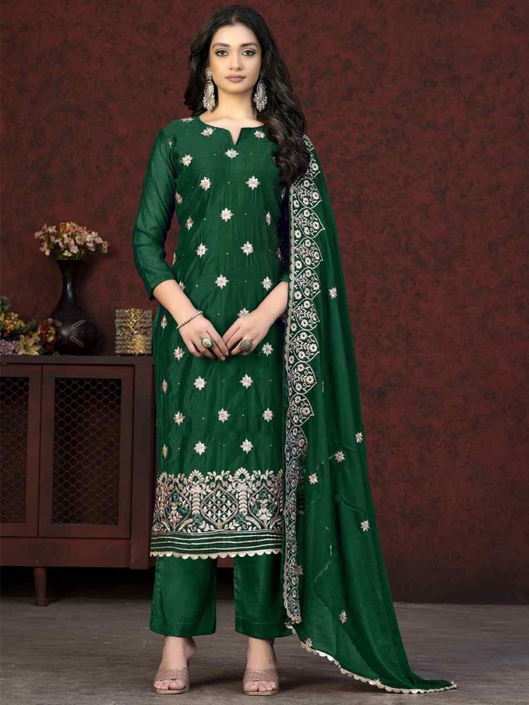 Green Modal Chanderi Embroidered Casual Festival Pant Salwar Kameez