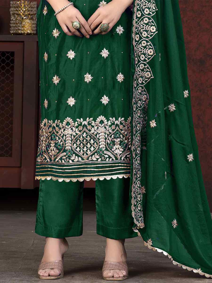 Green Modal Chanderi Embroidered Casual Festival Pant Salwar Kameez