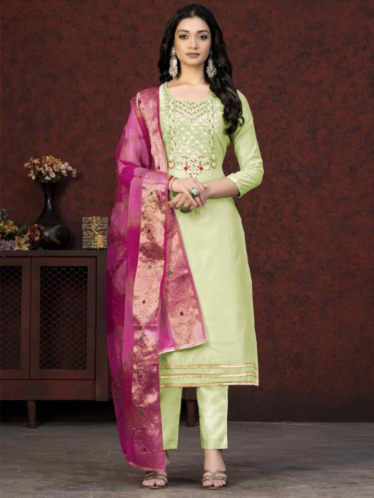 Green Modal Chanderi Embroidered Casual Festival Pant Salwar Kameez