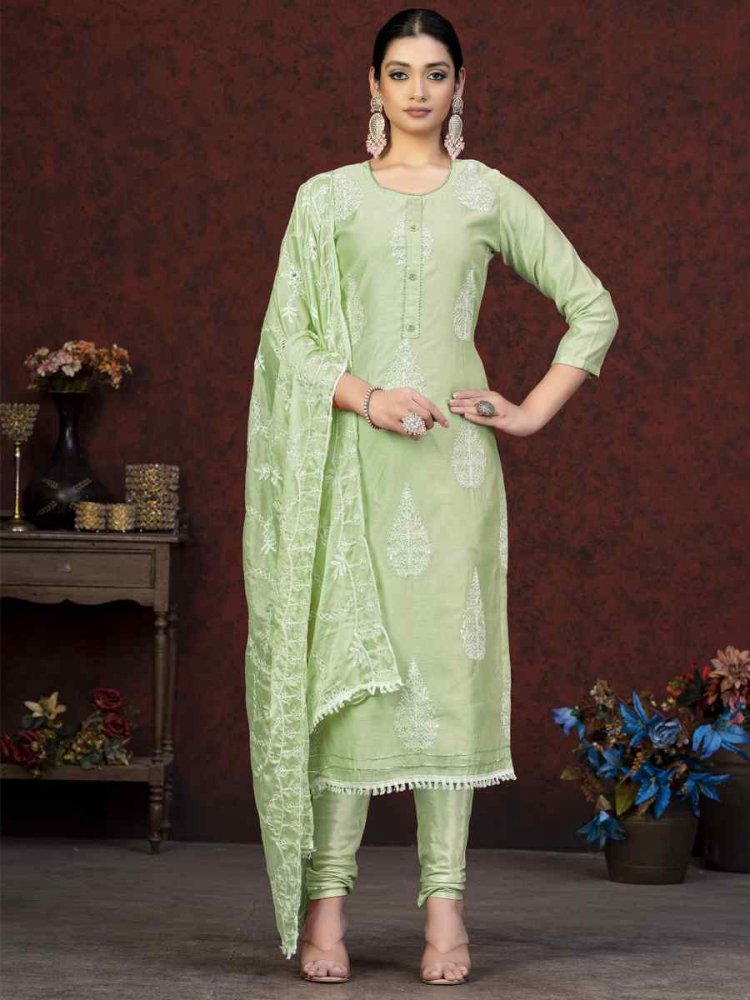 Green Modal Chanderi Embroidered Casual Festival Pant Salwar Kameez