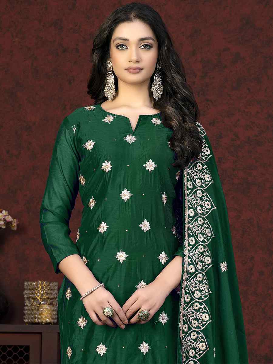 Green Modal Chanderi Embroidered Casual Festival Pant Salwar Kameez