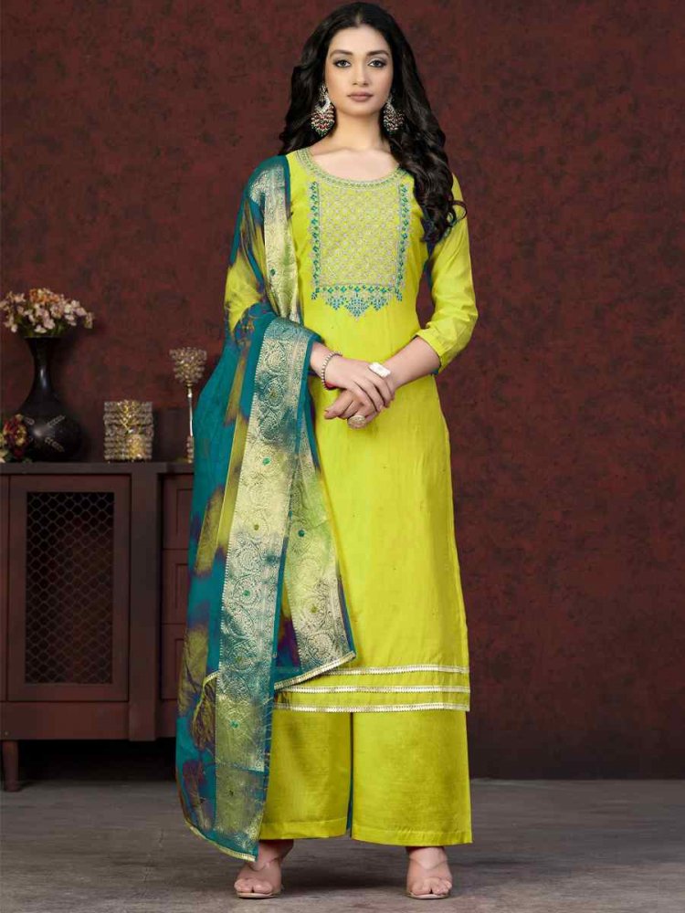 Green Modal Chanderi Embroidered Casual Festival Pant Salwar Kameez