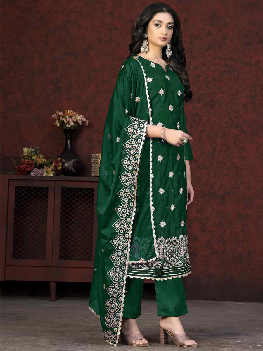 Green Modal Chanderi Embroidered Casual Festival Pant Salwar Kameez