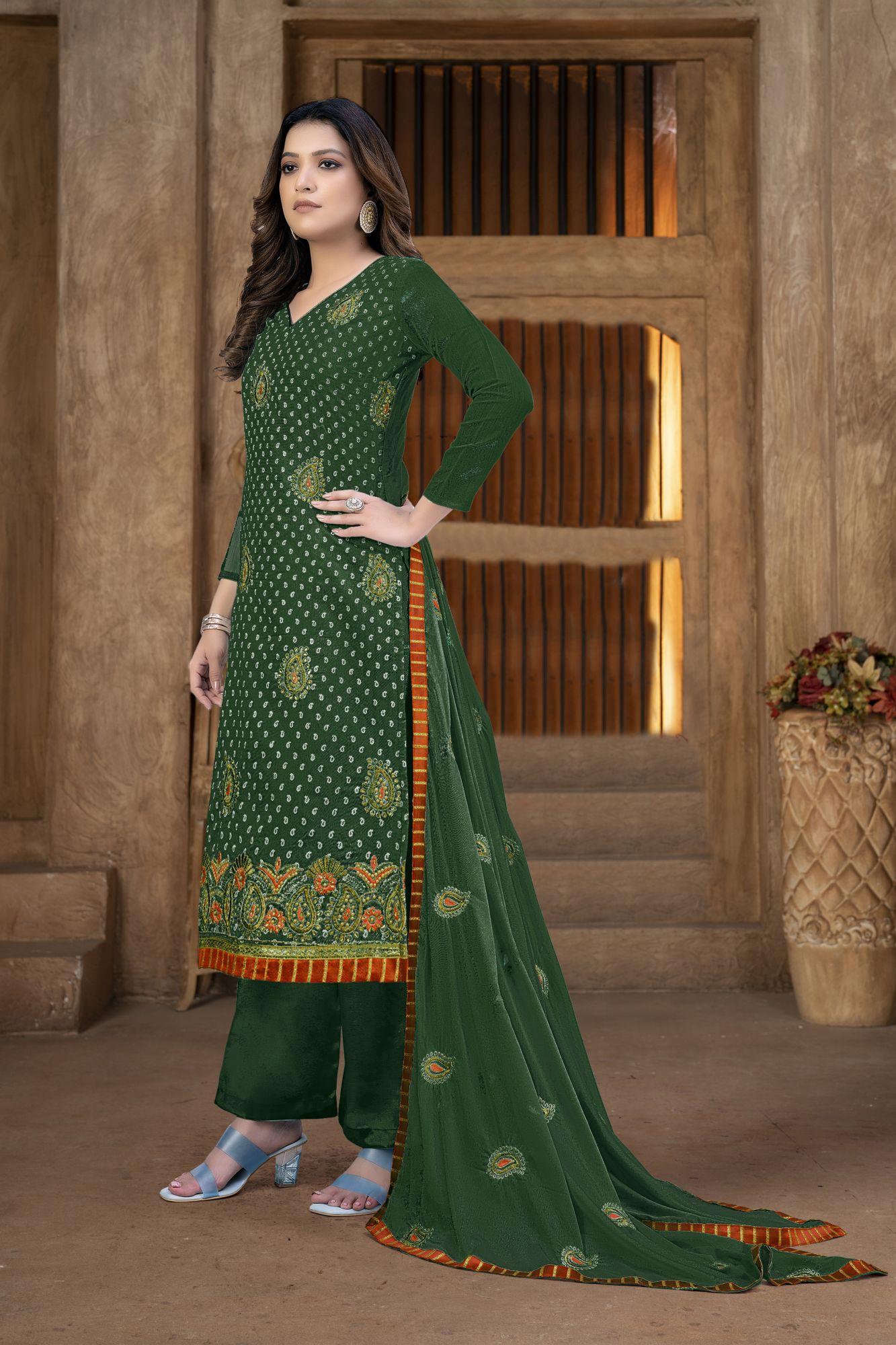 Green Modal Chanderi Zari Festival Party Pant Salwar Kameez