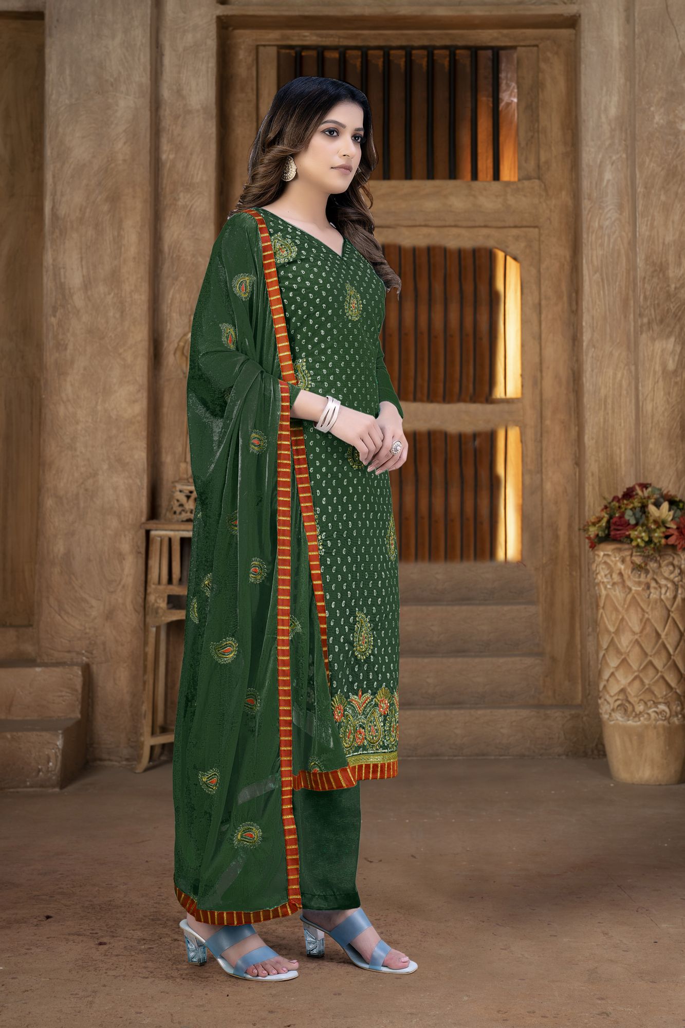 Green Modal Chanderi Zari Festival Party Pant Salwar Kameez