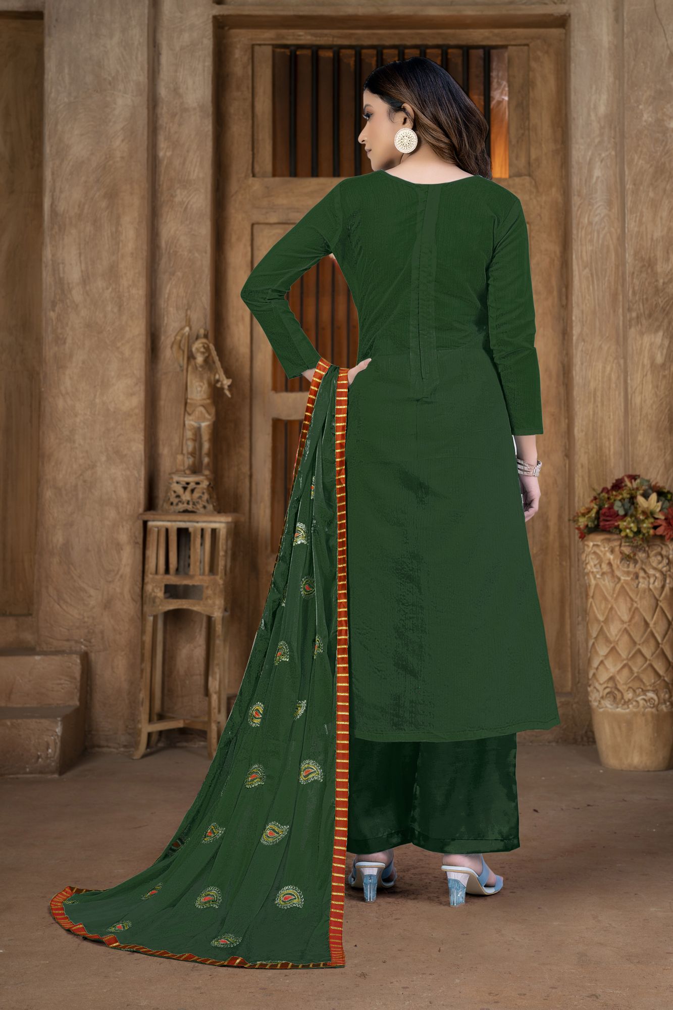 Green Modal Chanderi Zari Festival Party Pant Salwar Kameez