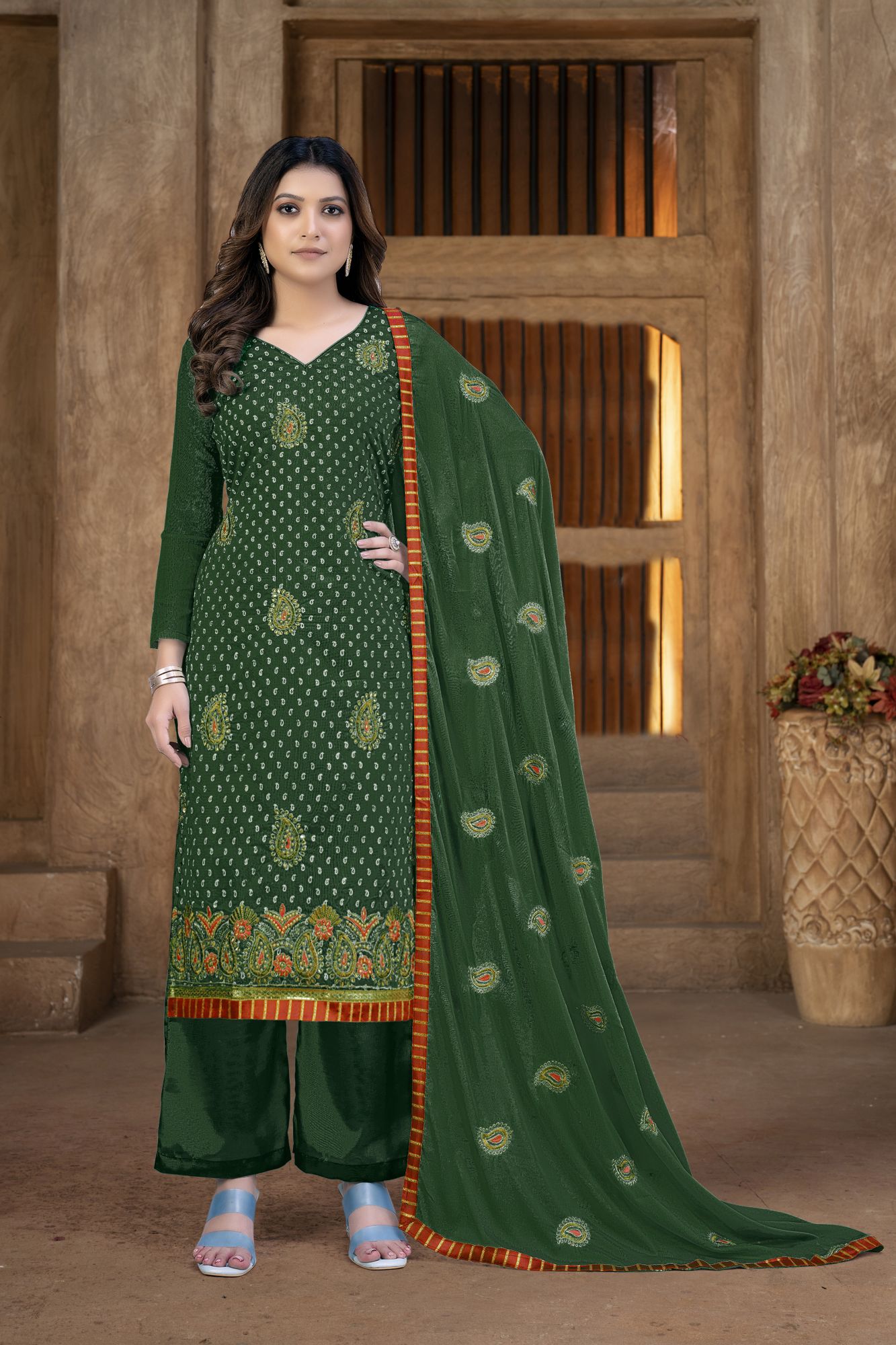 Green Modal Chanderi Zari Festival Party Pant Salwar Kameez