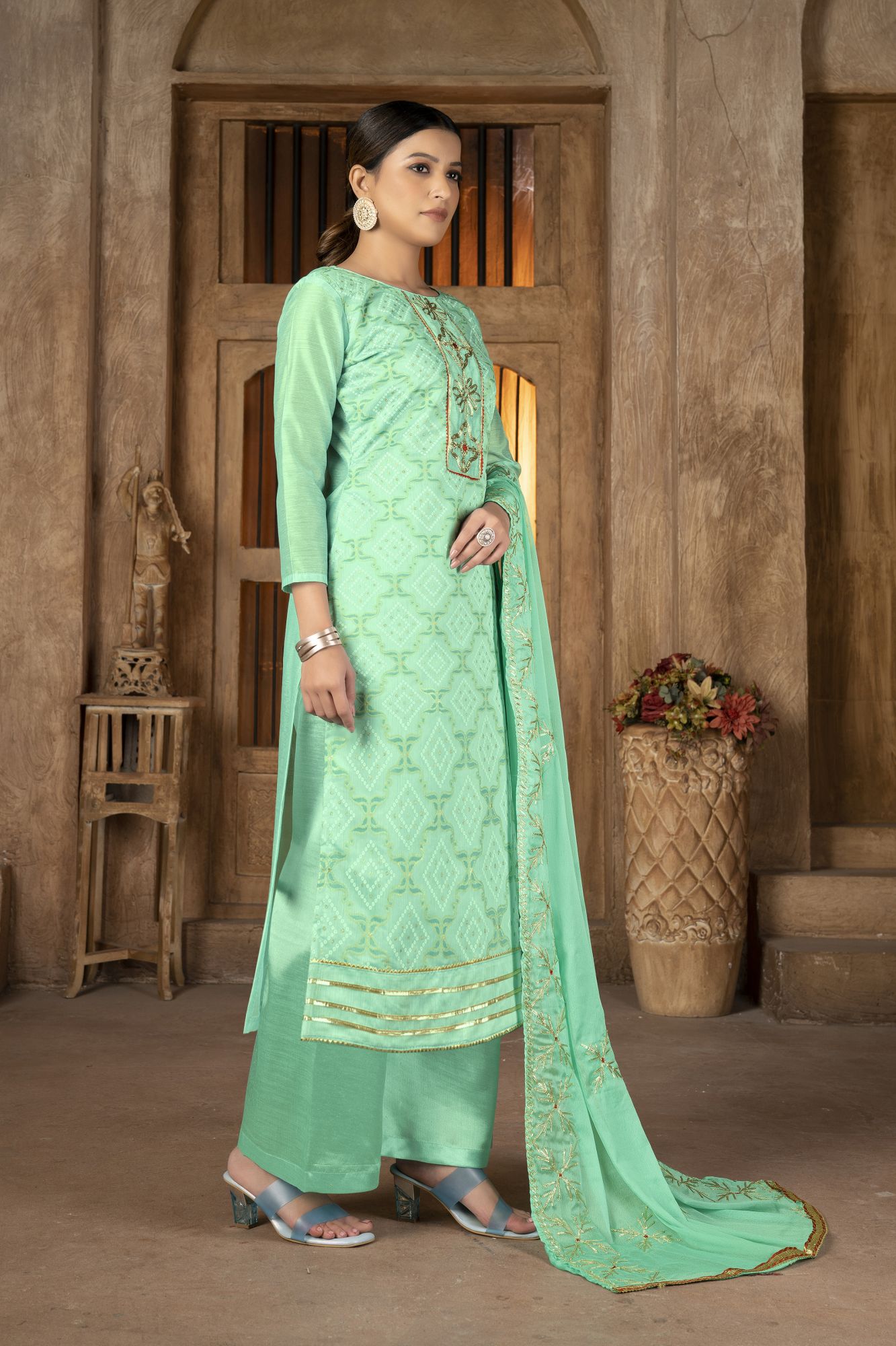 Green Modal Cotton Embroidery Festival Party Pant Salwar Kameez