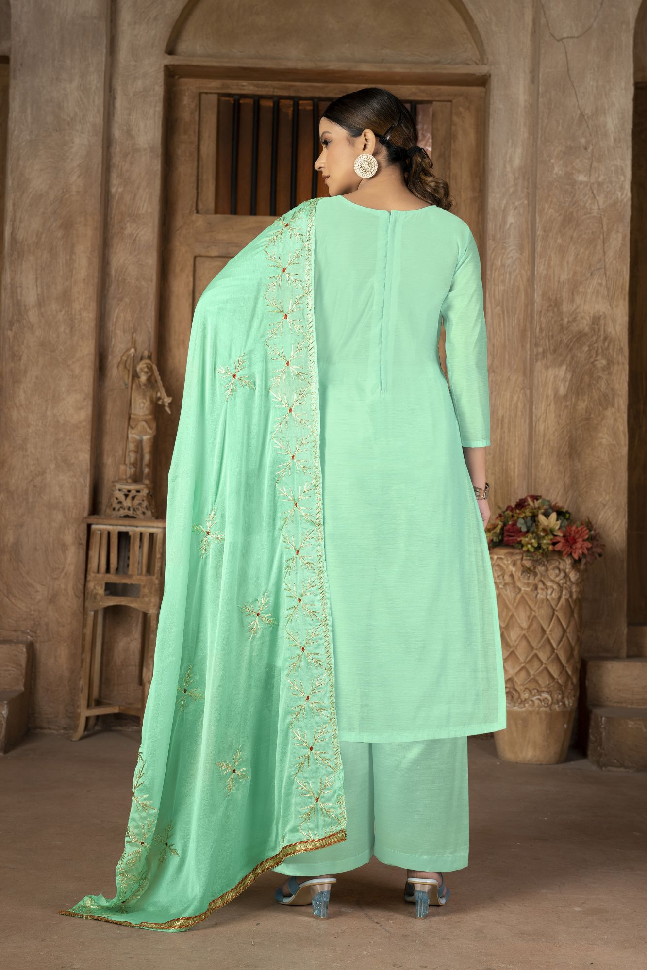 Green Modal Cotton Embroidery Festival Party Pant Salwar Kameez