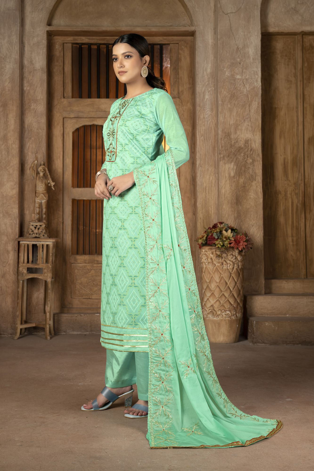 Green Modal Cotton Embroidery Festival Party Pant Salwar Kameez